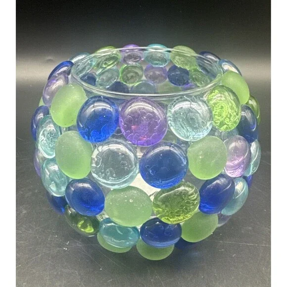 VTG Libbey PURPLE BLUE GREEN Decorative Stones On Glass Candle Votive Holders-2 - Picture 5 of 10
